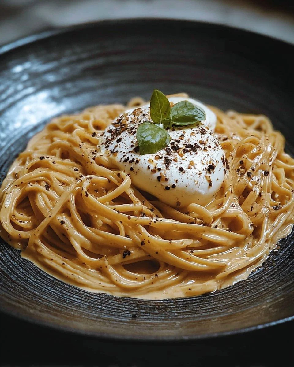 Assiette de linguine crémeuse garnie de burrata et de poivre noir