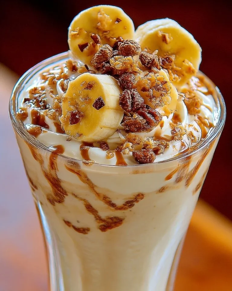 Milkshake à la banane et praliné croquant dans un verre avec une paille