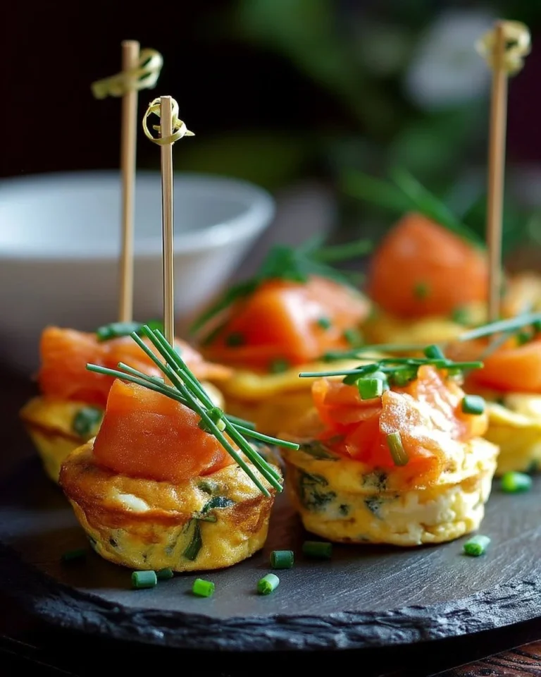Mini omelettes bite-sized avec saumon fumé et ciboulette, idéales pour un apéritif.