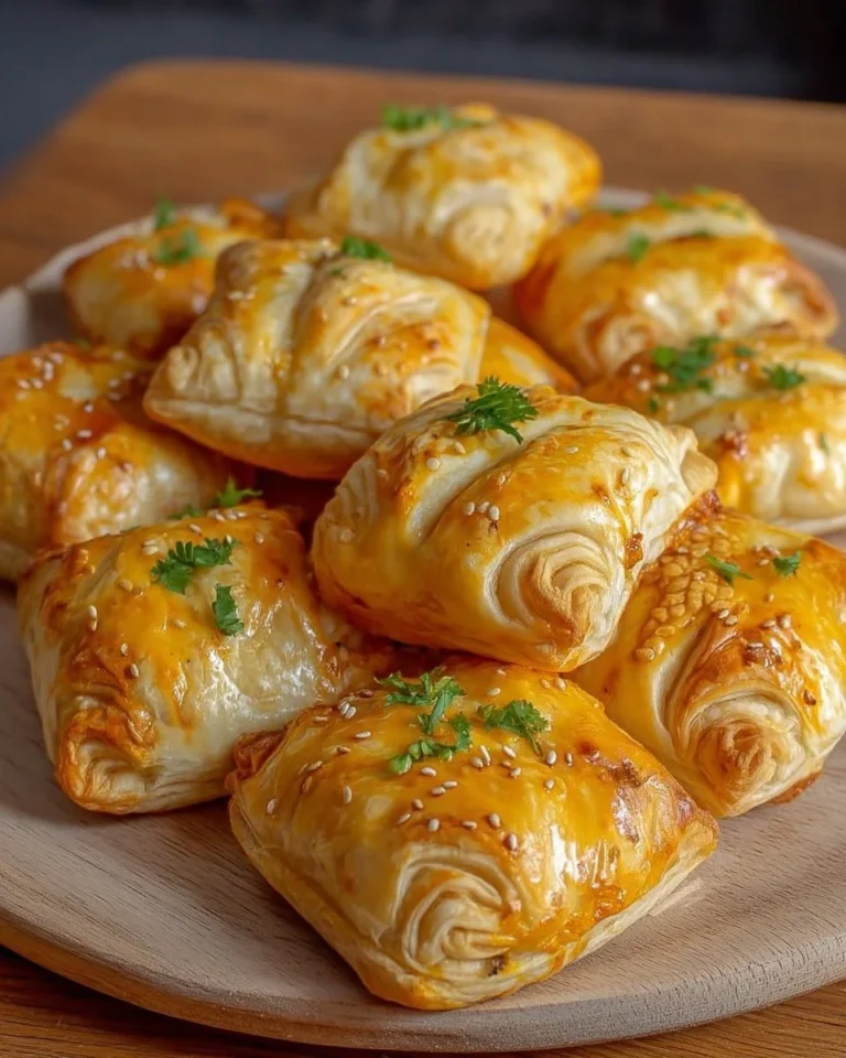Mini feuilletés au poulet curry dorés et délicieux sur une assiette.