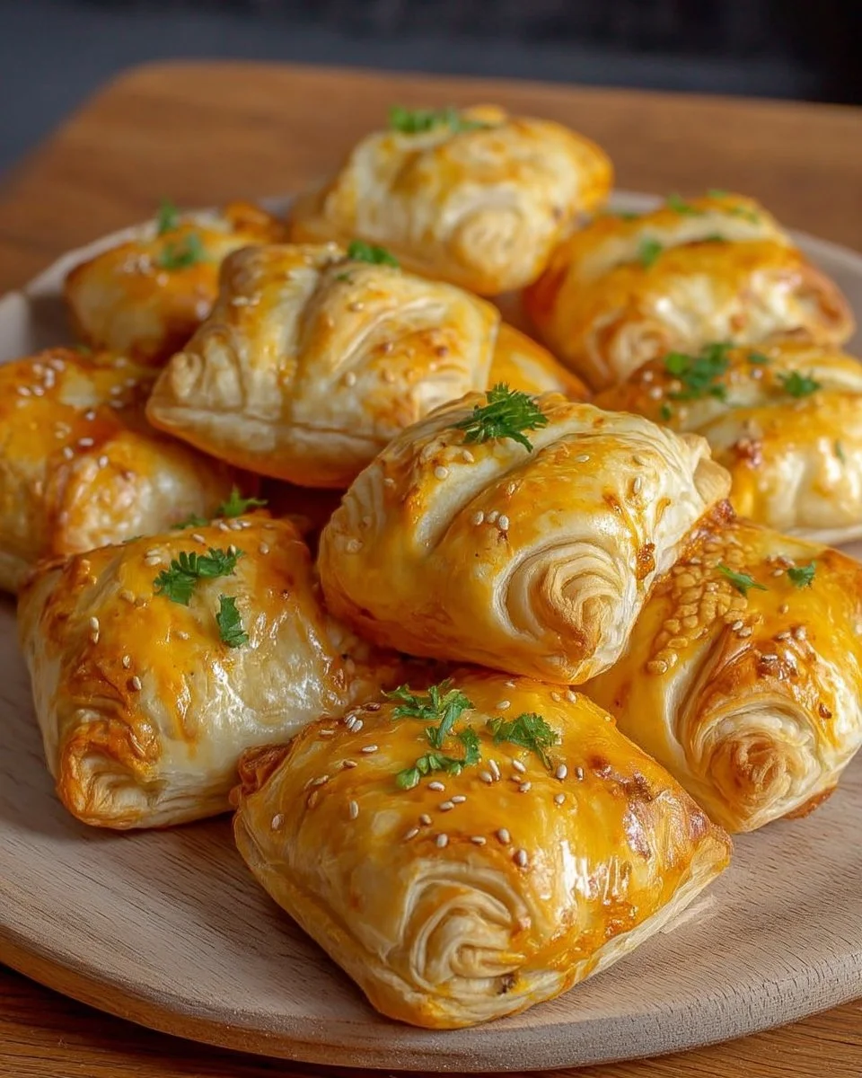 Mini feuilletés au poulet curry dorés et délicieux sur une assiette.