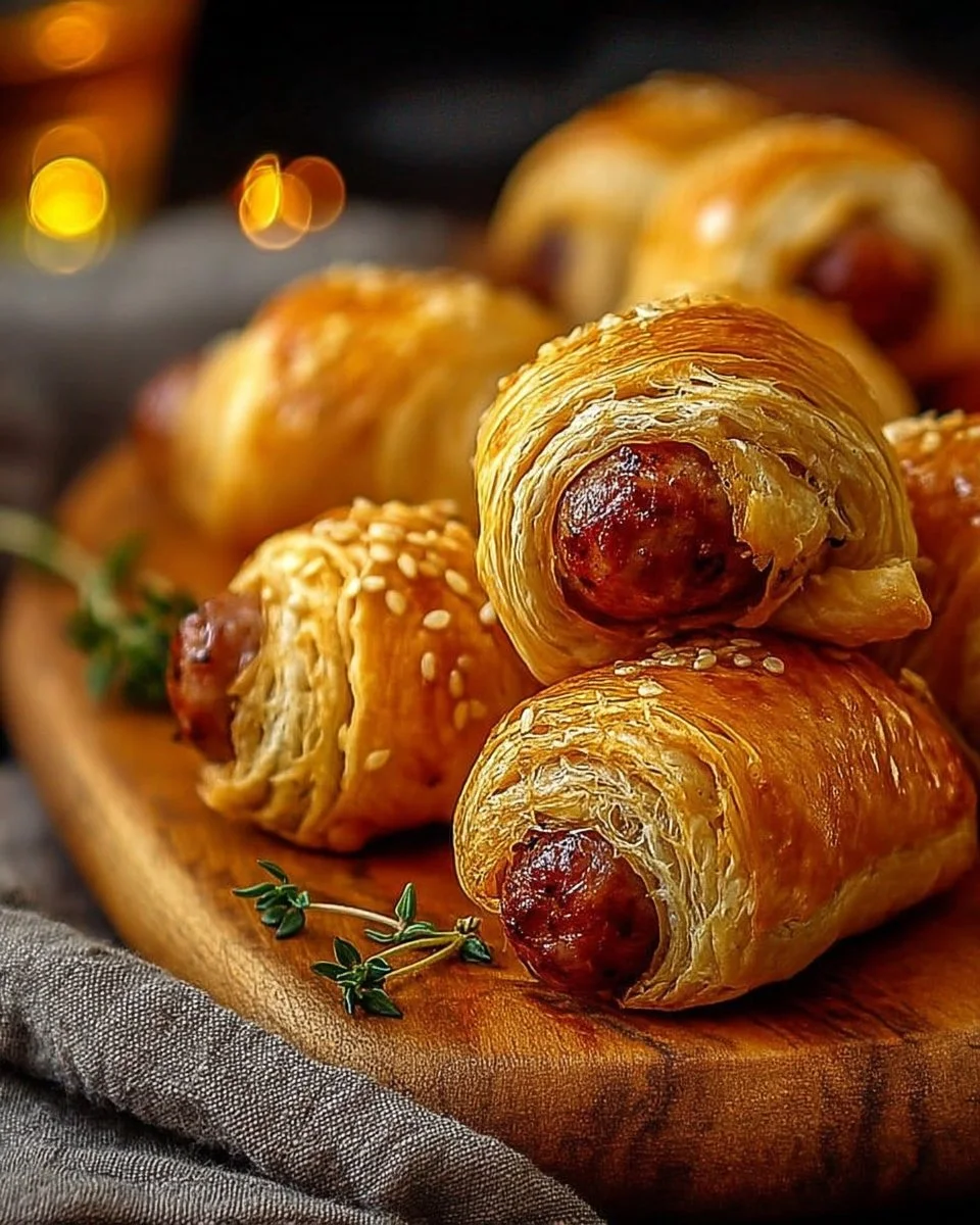 Assortiment de mini feuilletés saucisse sur un plat élégant.