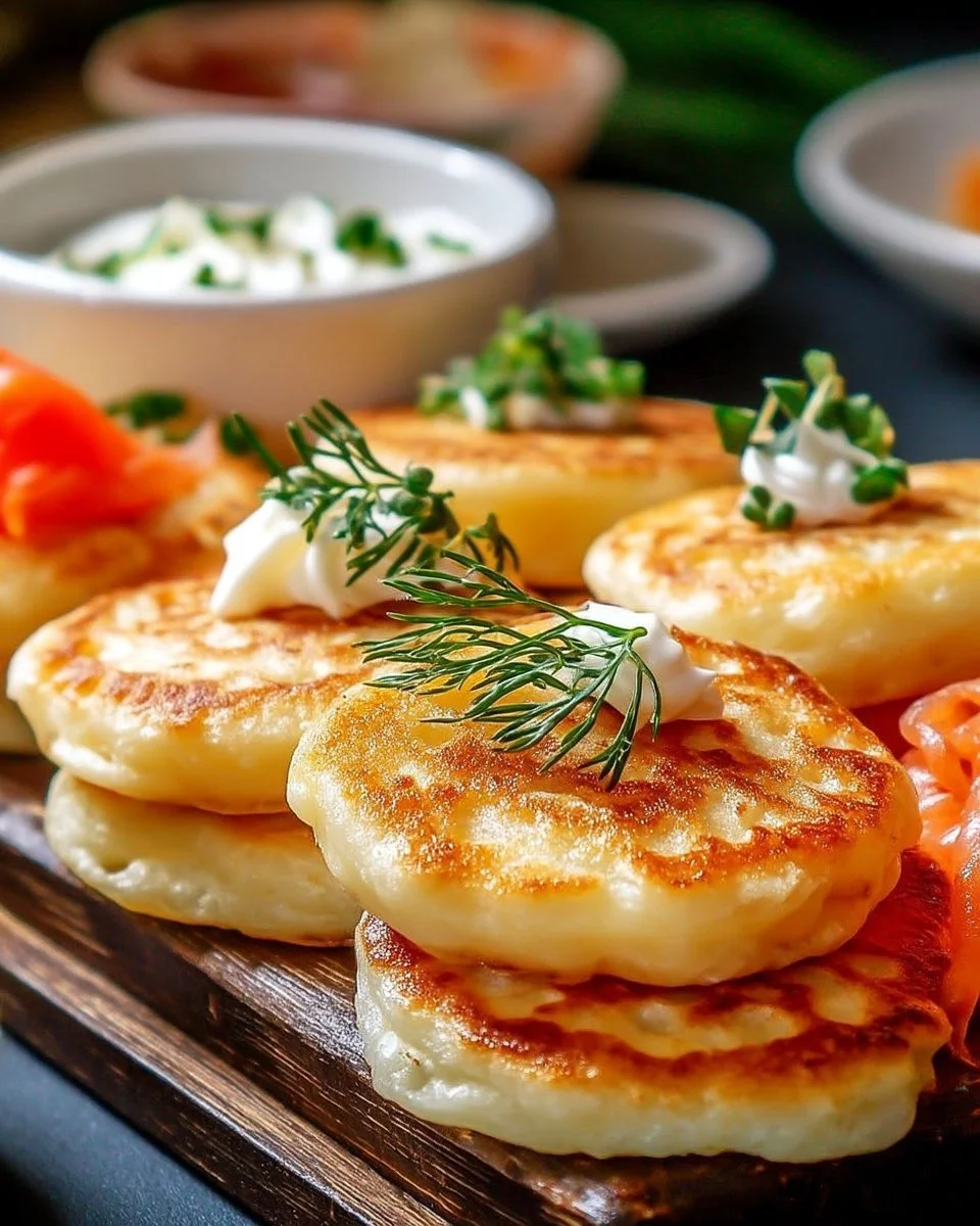 Mini pancakes salés au saumon fumé, plat savoureux et élégant.