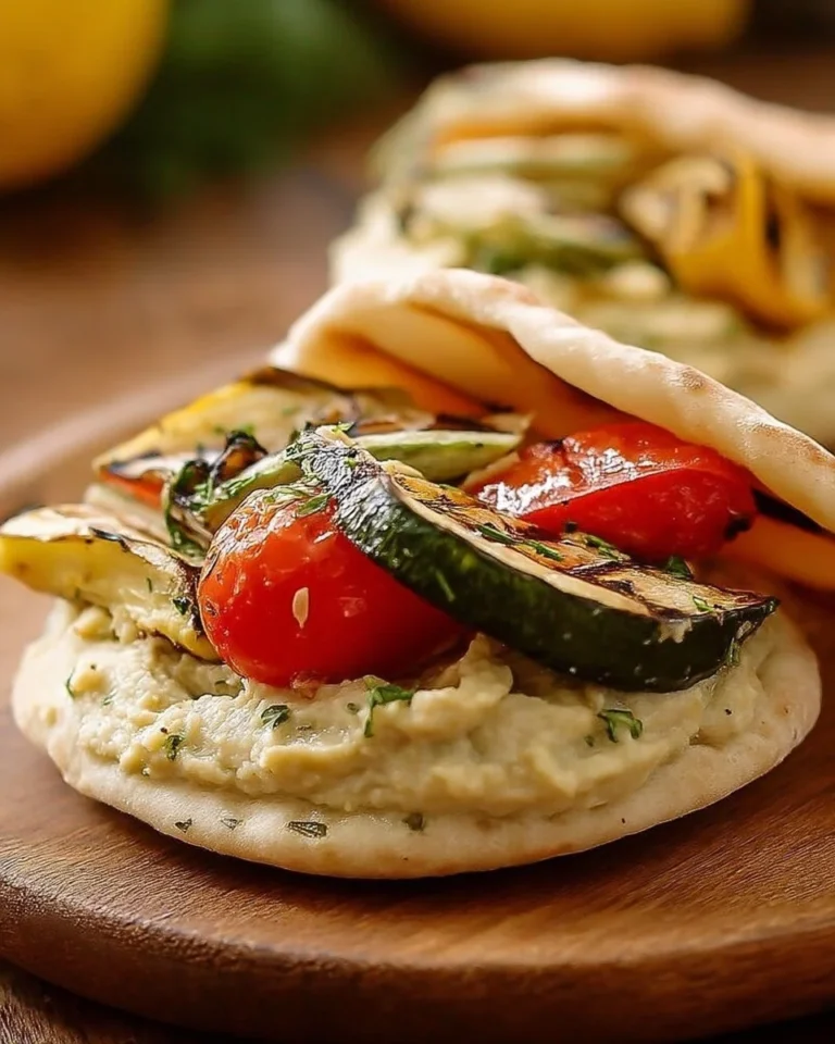 Mini pitas garnies de houmous et légumes grillés sur une assiette