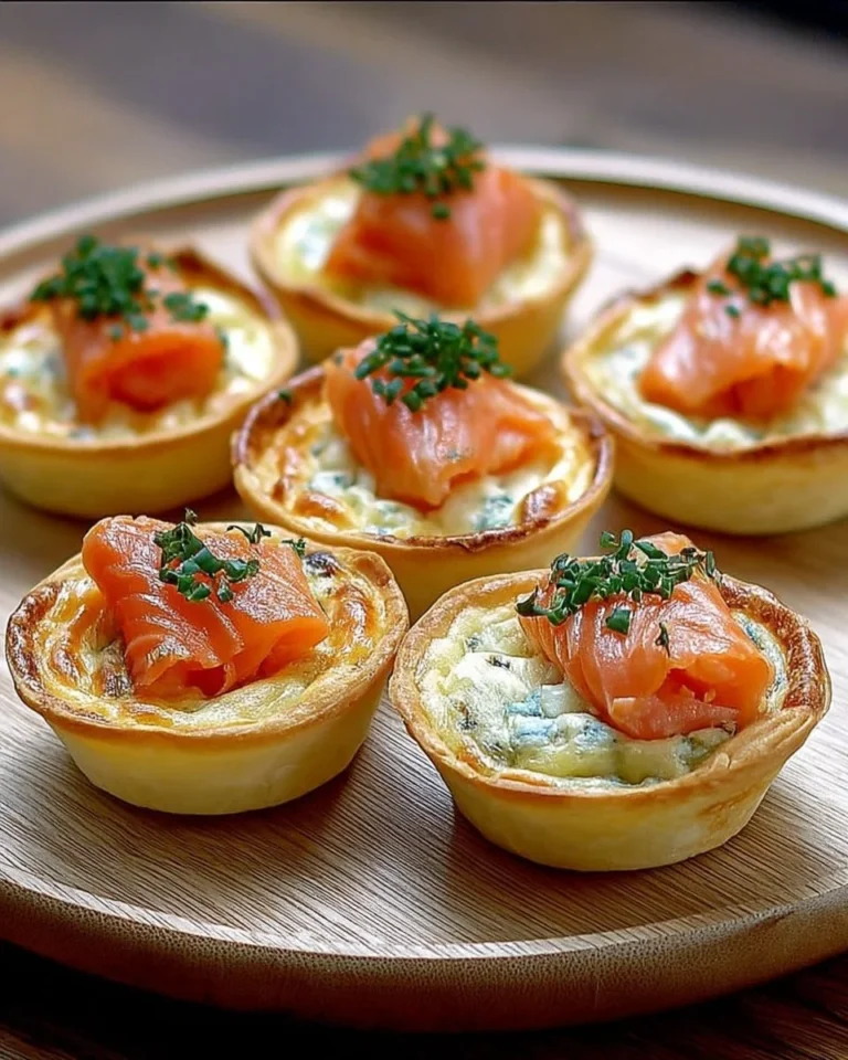 Mini quiches au saumon fumé et poireaux prêtes à être servies