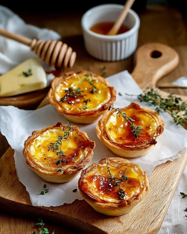 Mini quiches au fromage de chèvre, miel, et thym sur une assiette