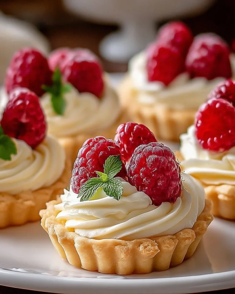 Mini tartelettes framboises à la crème sur une assiette en porcelaine