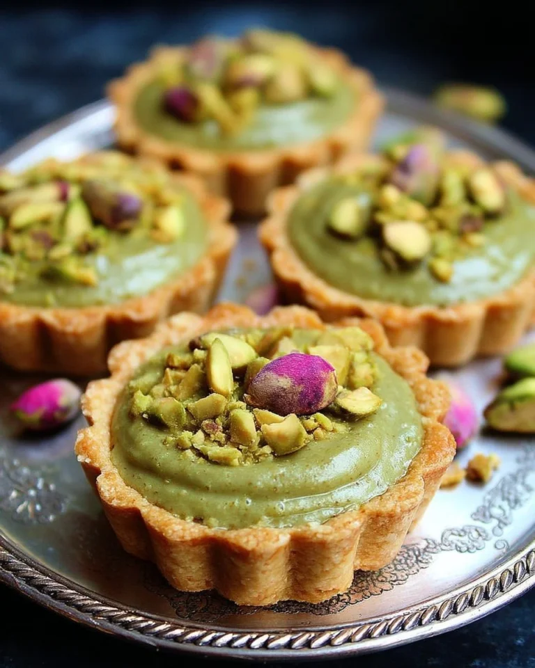 Délicieuses mini tartelettes aux pistaches garnies de crème onctueuse