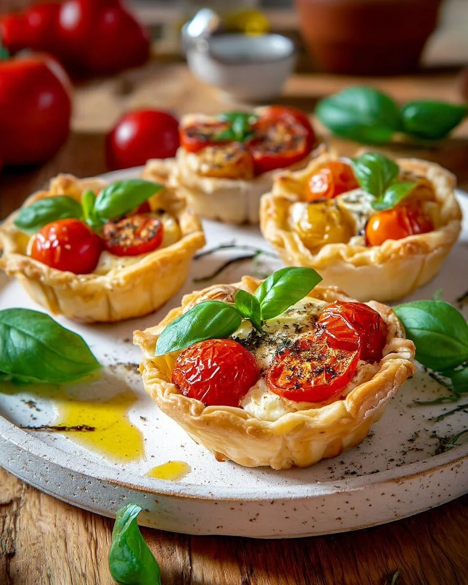 Mini tartelettes tomate mozzarella et basilic prêtes à être dégustées