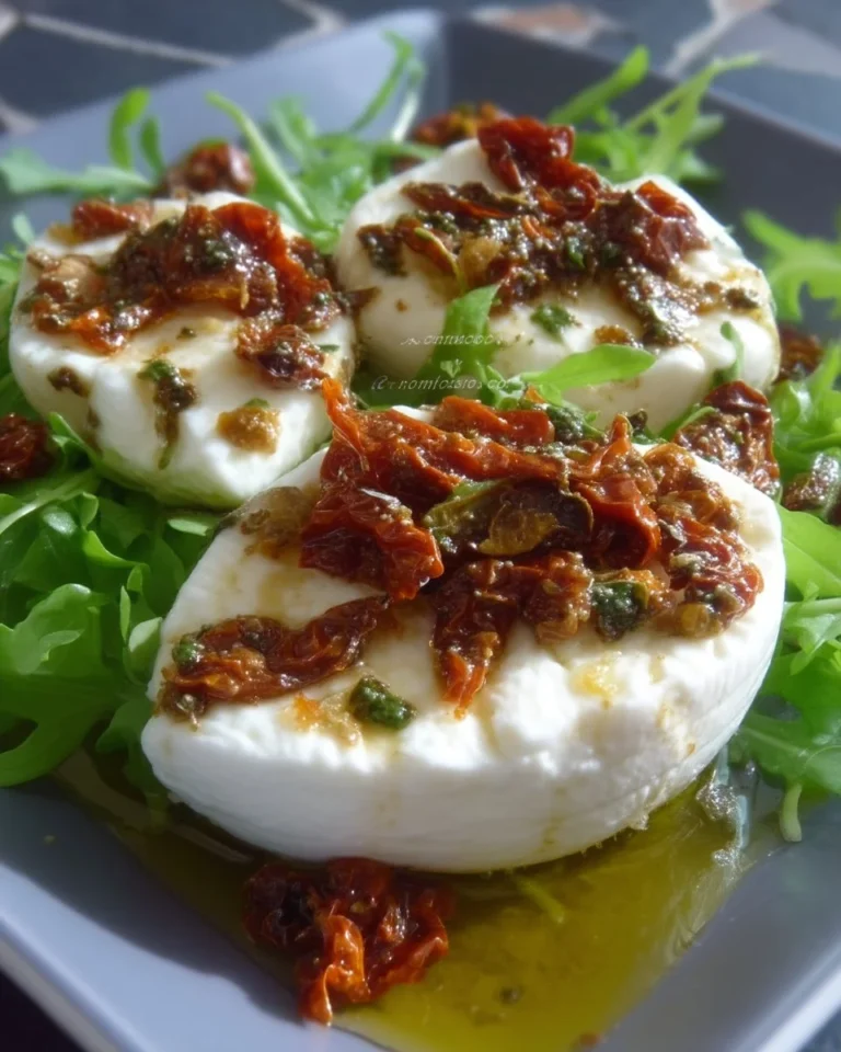 Mozzarella crémeuse garnie de tomates séchées au soleil pour une saveur exceptionnelle.