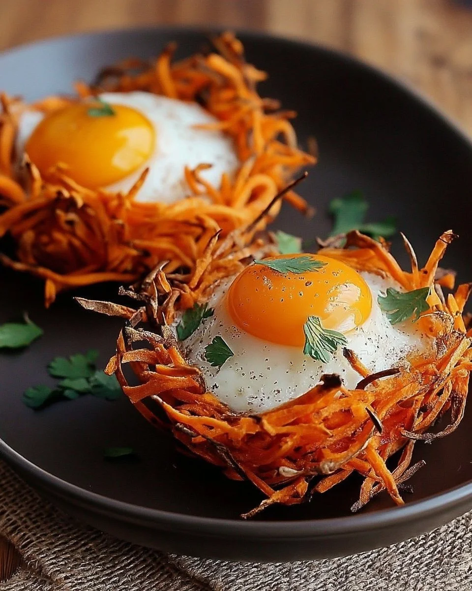 Nids de patate douce aux œufs, savoureux et colorés, préparés avec soin.