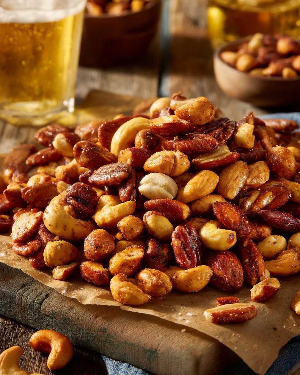 Noix caramélisées sucrées et salées au sirop d'érable dans un bol