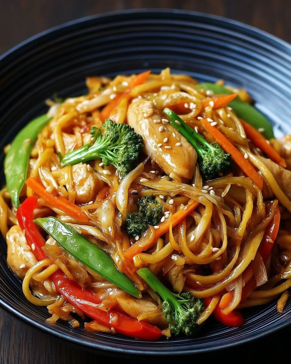 Nouilles sautées au poulet et légumes croquants dans une assiette colorée