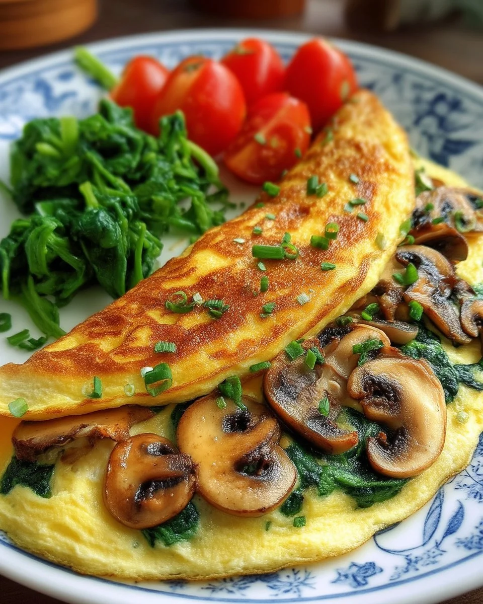 Omelette moelleuse aux champignons et épinards, un plat délicieux et nourrissant.