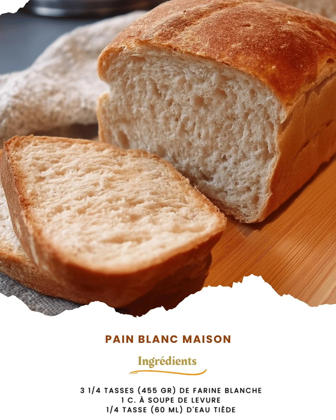 Pain blanc maison fraîchement cuit avec une croûte dorée et moelleux à l'intérieur.