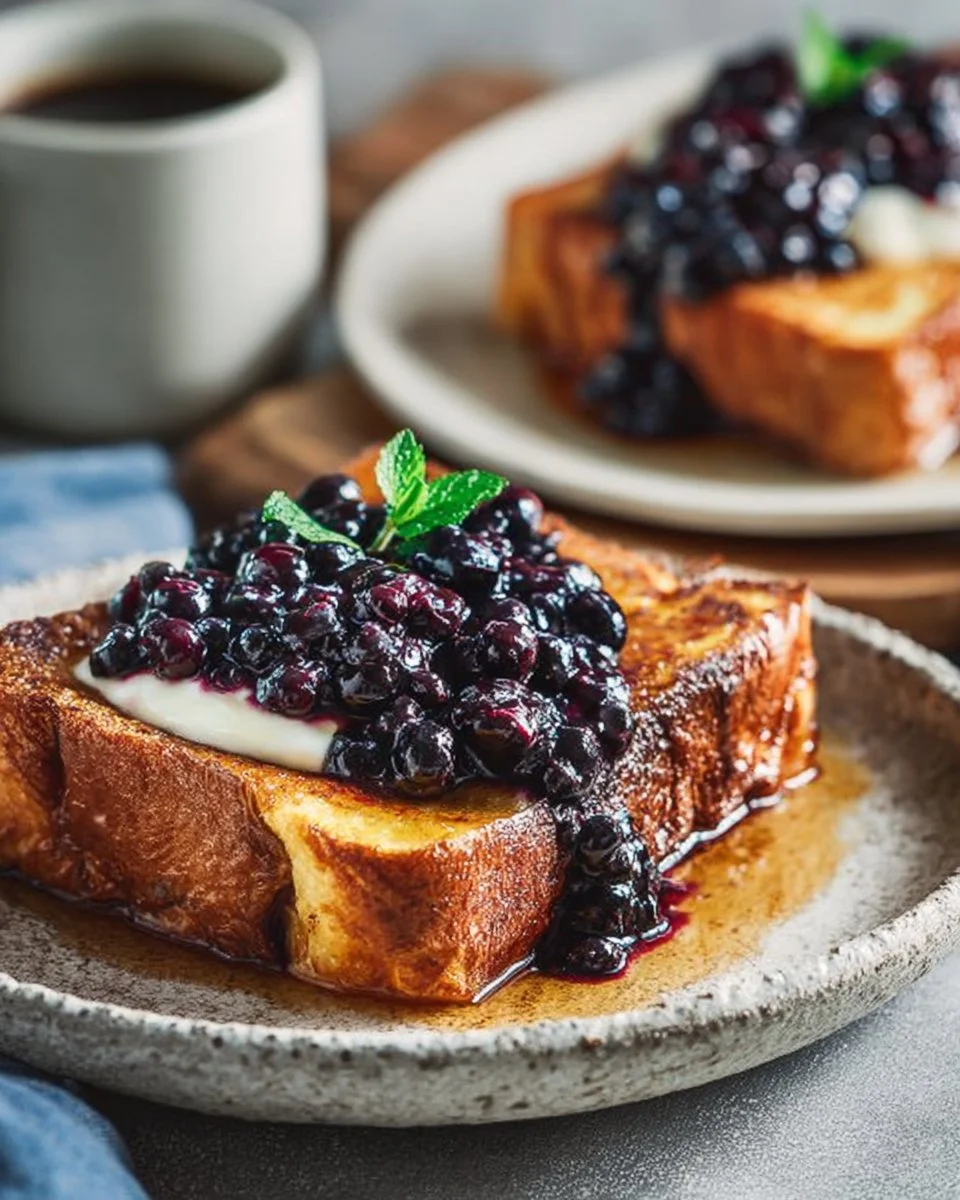 Pain doré caramélisé avec compotée de bleuets et sirop d’érable