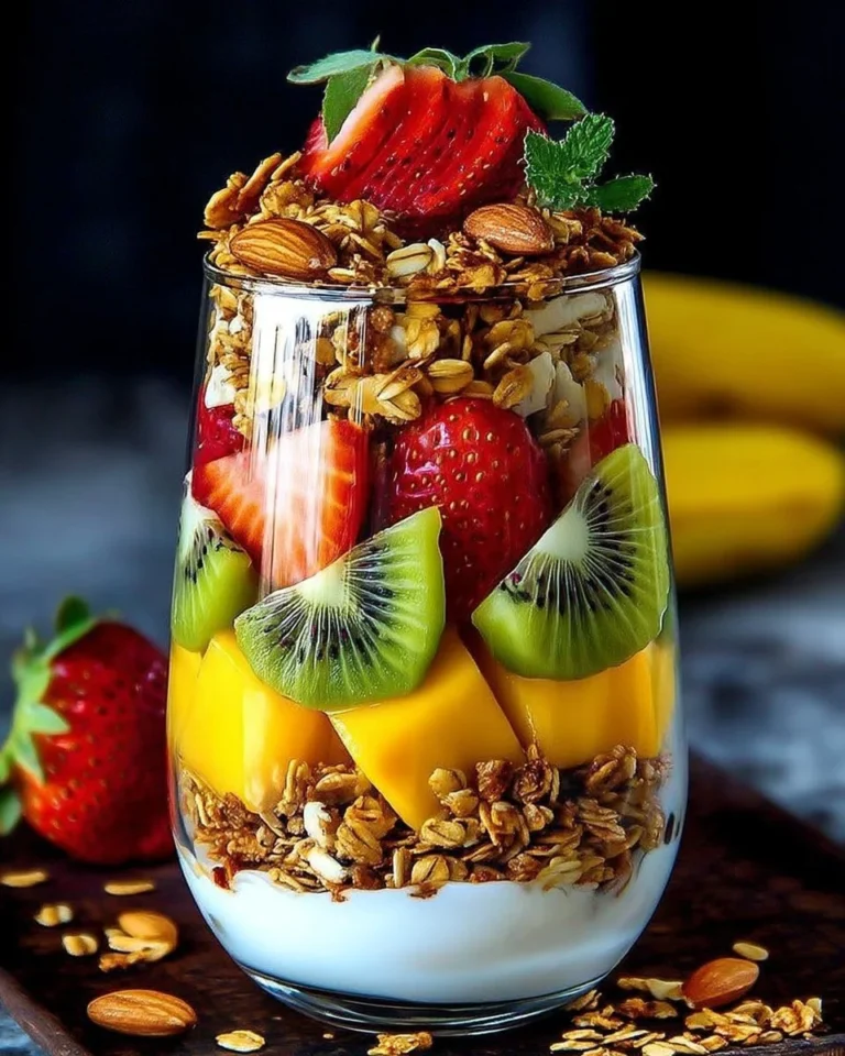 Parfait aux fruits exotiques et granola croustillant, dessert frais et savoureux