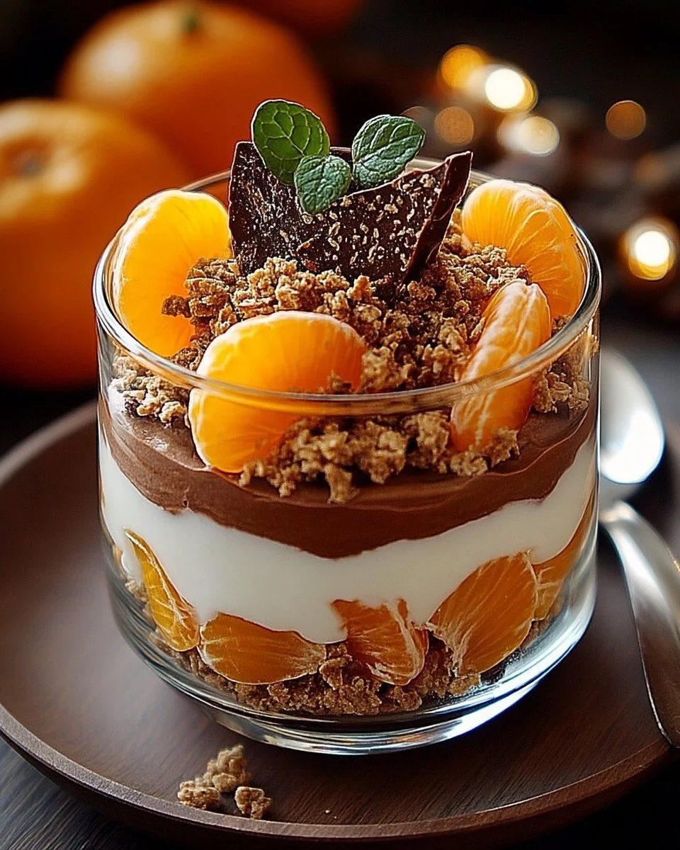 Parfait croustillant à la mandarine et chocolat noir, un dessert délicieux et élégant.