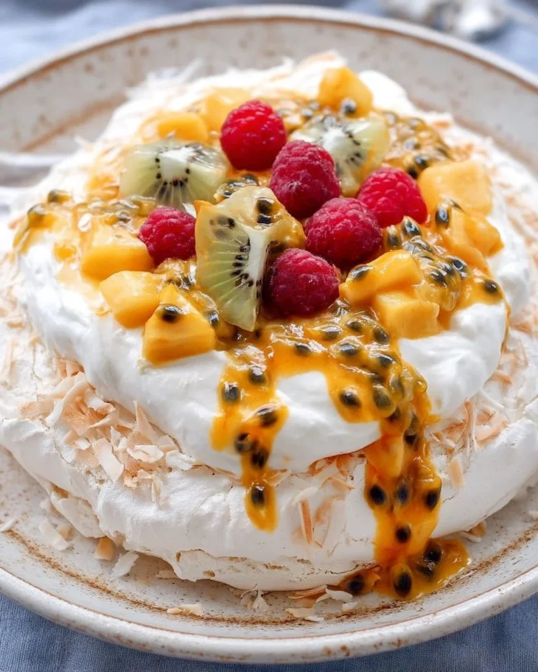 Délicieuse Pavlova Coco Passion garnie de fruits exotiques