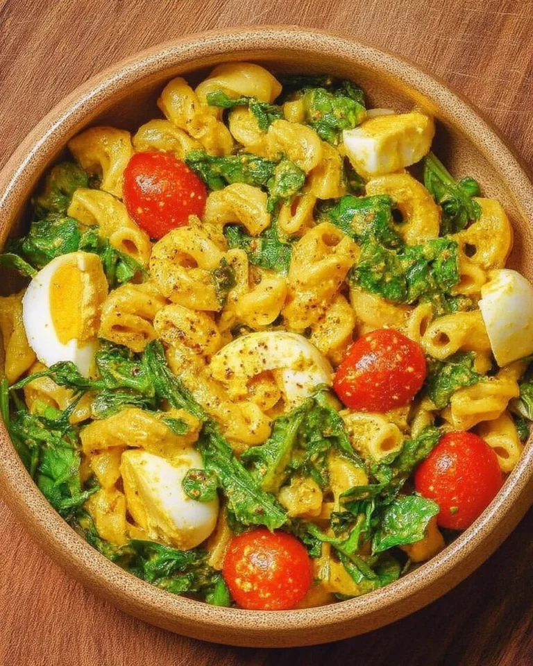 Pasta au curry et œufs présentée dans un plat coloré et appétissant