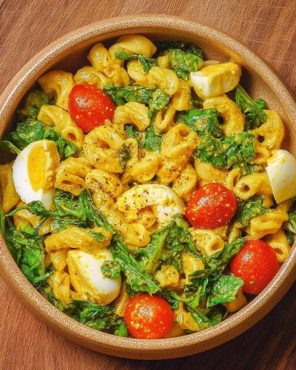 Pasta au curry et œufs présentée dans un plat coloré et appétissant