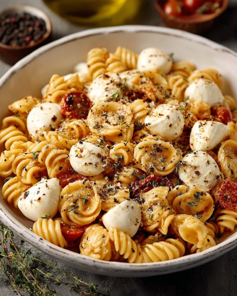 Pasta avec Mozzarella servie dans un plat coloré avec tomates et basilic