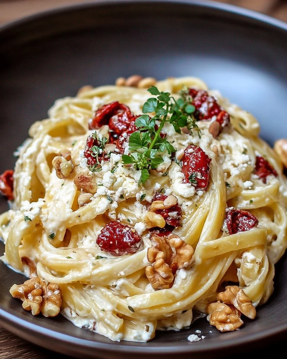 Pasta crémeuse avec ricotta, chorizo et noix dans une assiette.
