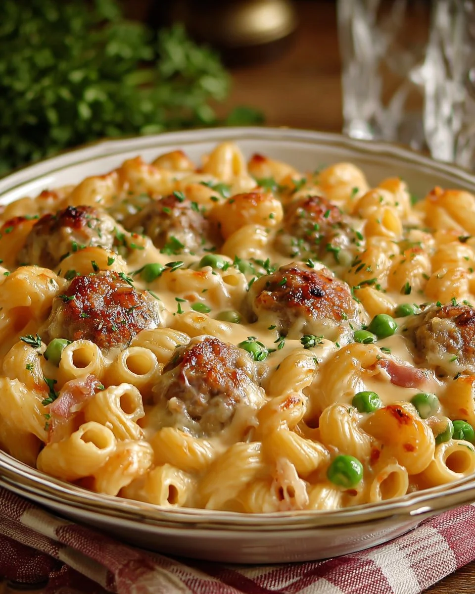Pasta Gratinée aux Boulettes de Viande et Sauce Crémeuse dans un plat savoureux