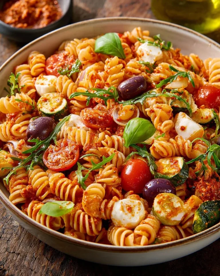 Salade de pâtes avec pesto rouge et légumes croquants, une recette délicieuse.