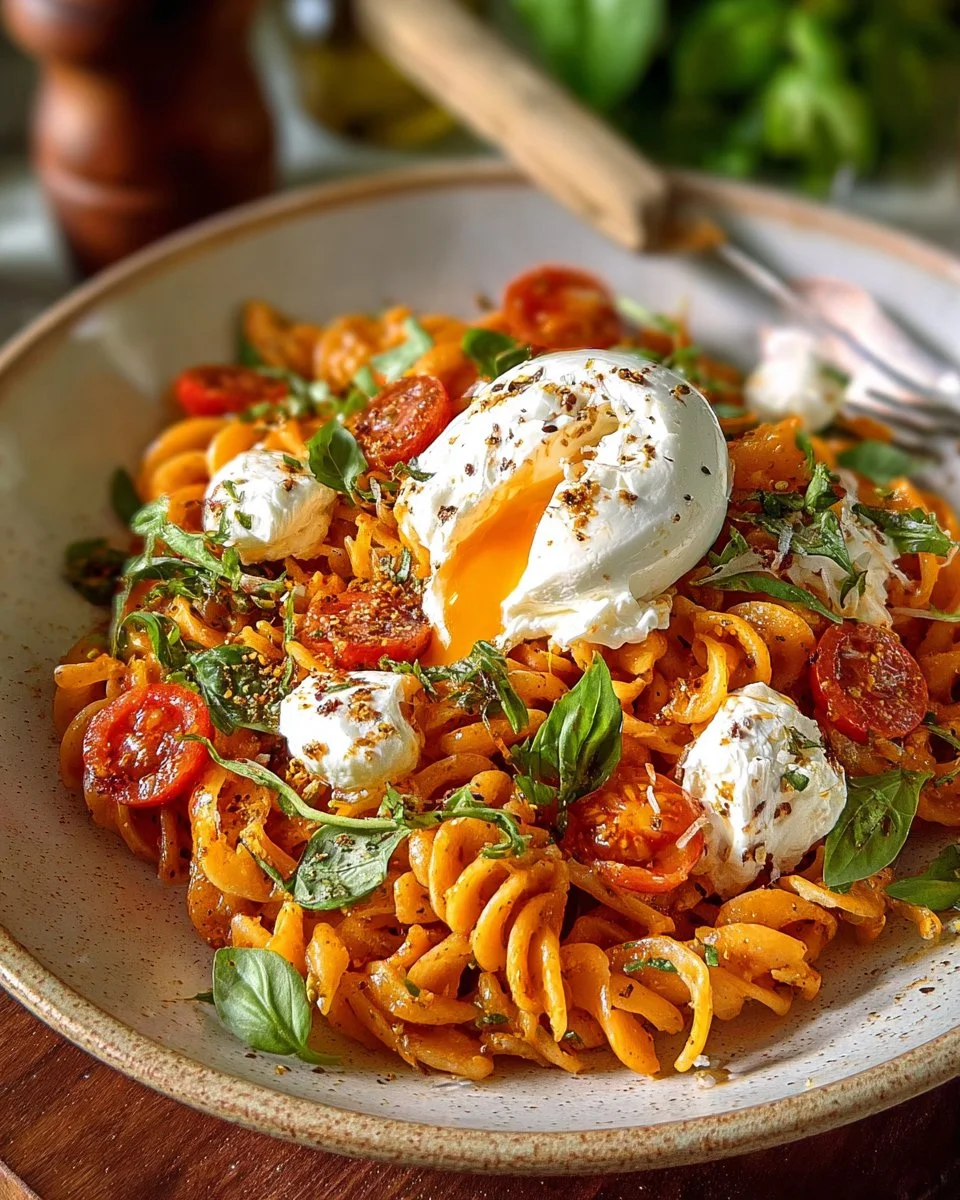Pâtes crémeuses au poivron avec burrata sur une assiette.