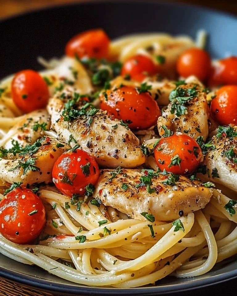 Pâtes au poulet avec sauce au beurre d'ail et tomates cerises