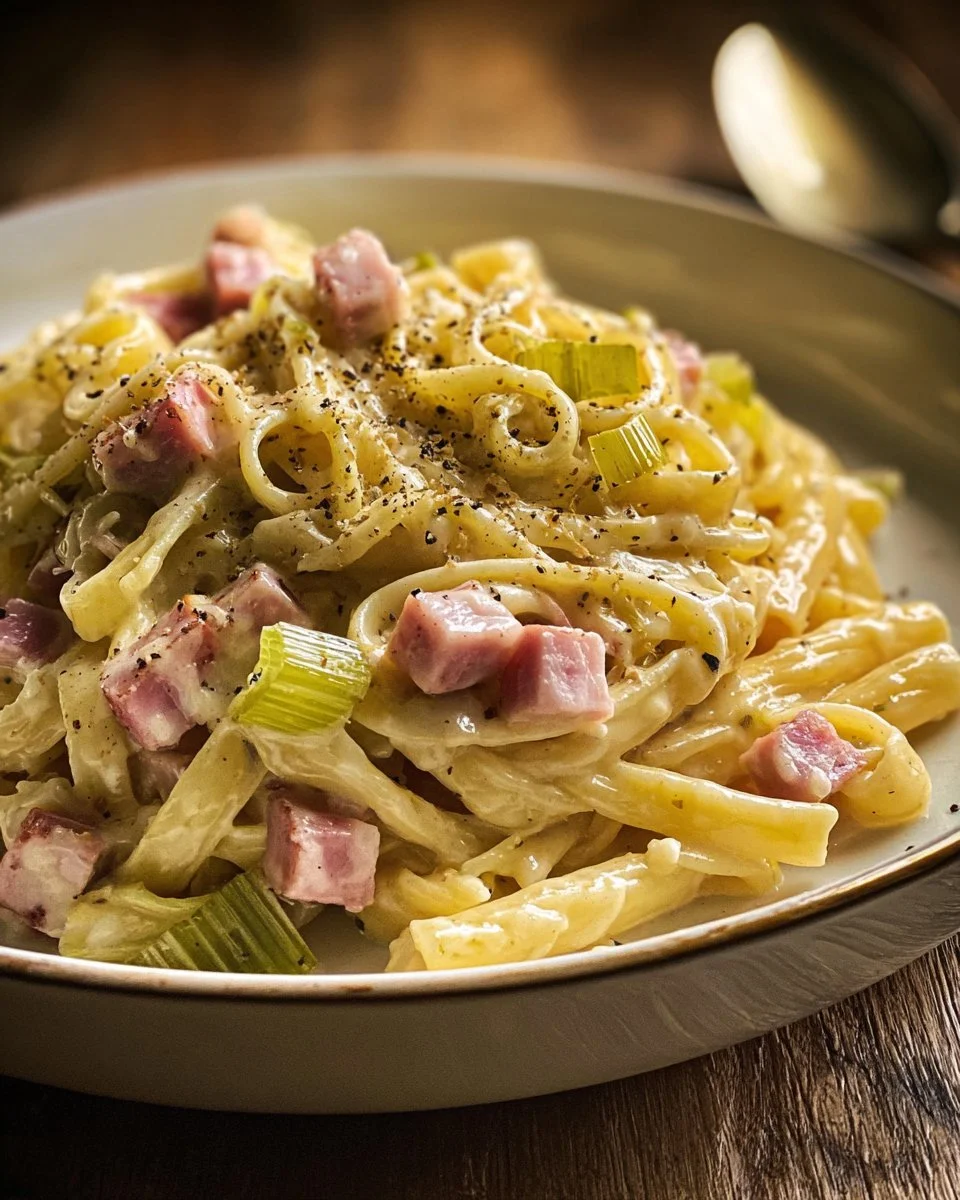 Pâtes avec poireaux, ail et jambon dans une sauce moutarde, plat savoureux