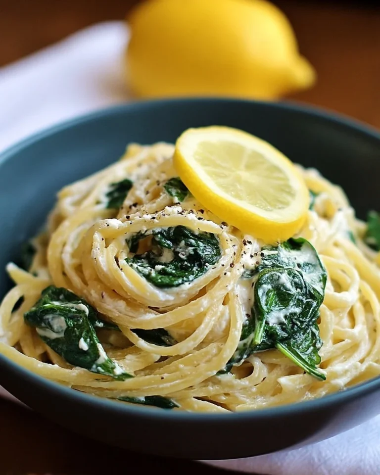 Pasta avec citron, ricotta et épinards servie dans une assiette
