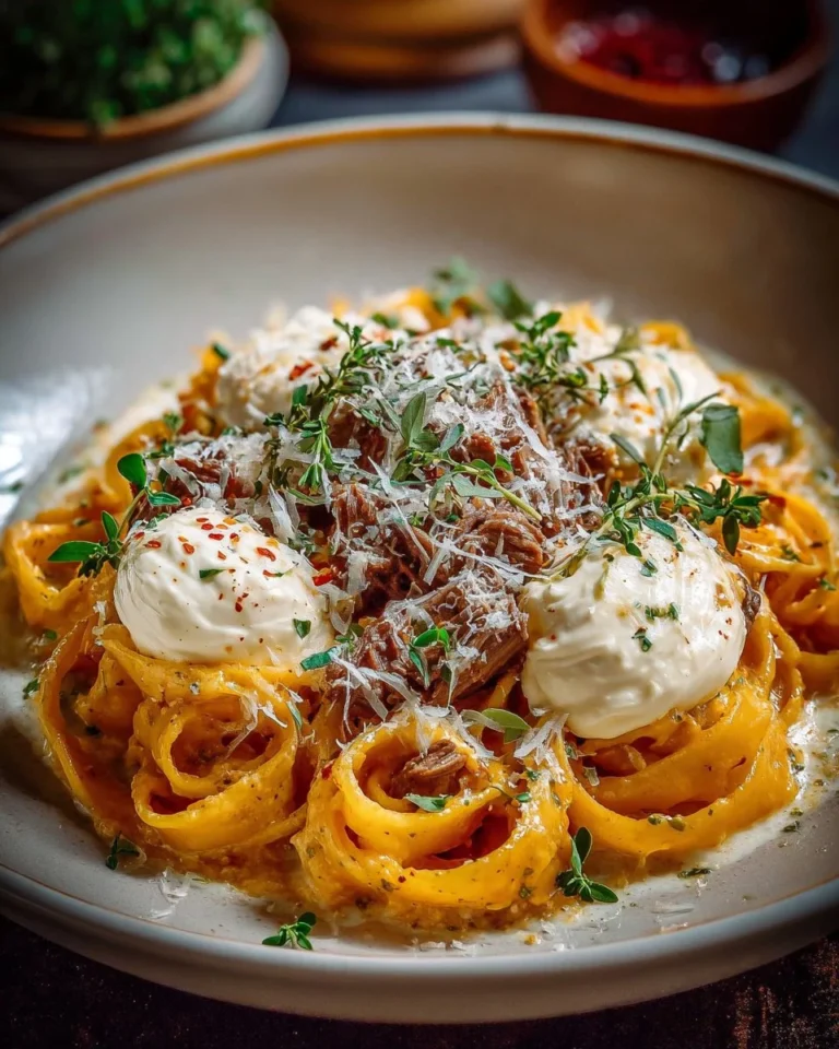 Pâtes crémeuses au fromage et bœuf fondant dans une assiette