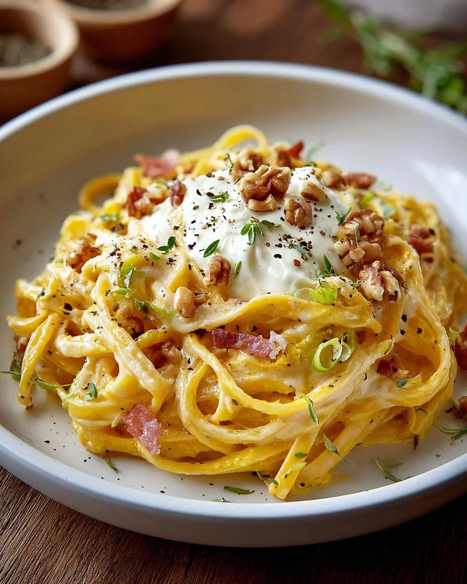 Pâtes au potiron avec noix et burrata crémeuse sur une assiette