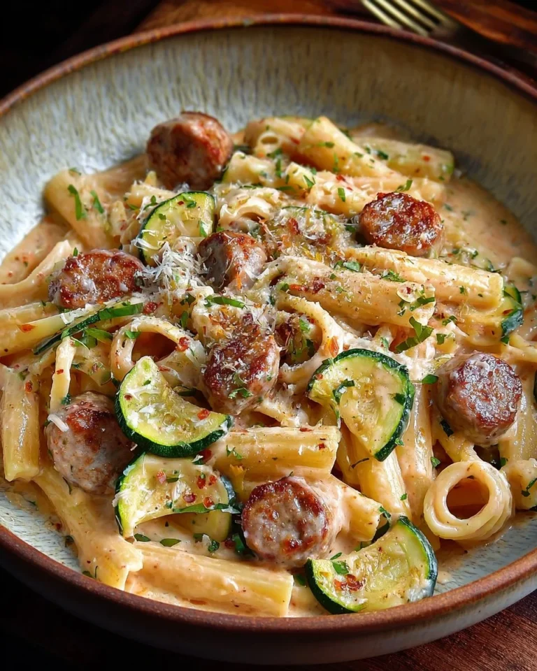 Pasta with sausages and zucchini in a spicy creamy sauce