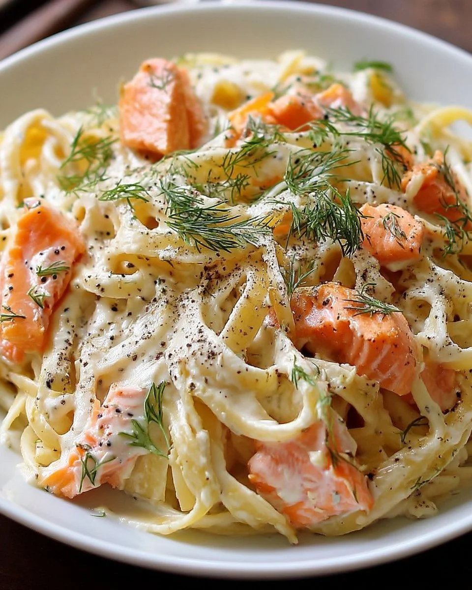 Pasta with smoked salmon, cream, and dill served in a stylish bowl.