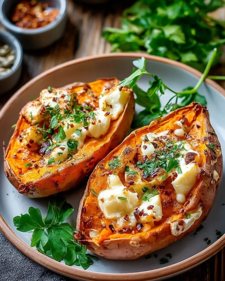 Patates douces farcies au fromage avec garniture fondante et couleurs appétissantes.