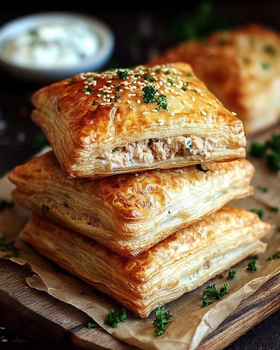 Pâte feuilletée garnie de thon et fromage frais, prête à déguster.