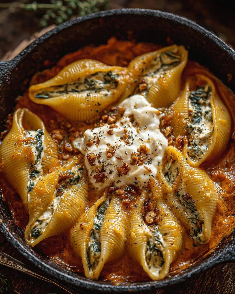 Conchiglioni farcis à la ricotta et aux épinards, plat de pâtes au four