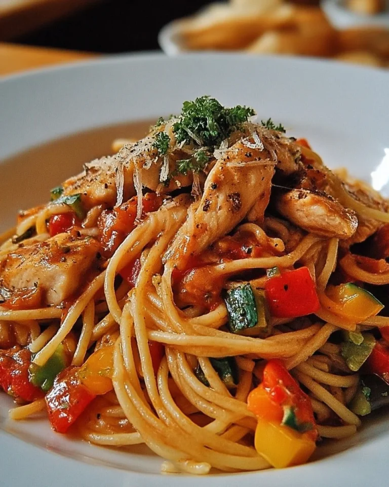 Pâtes au poulet et légumes dans une assiette colorée