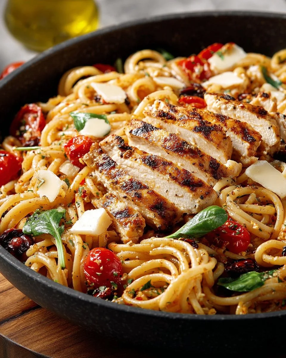 Pâtes au poulet grillé servies dans un plat appétissant