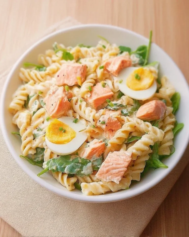 Pâtes au saumon et œuf, un plat délicieux et facile à préparer.