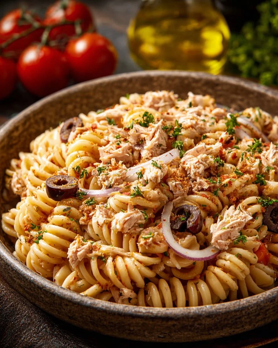 Plat de pâtes au thon servies avec des herbes fraîches