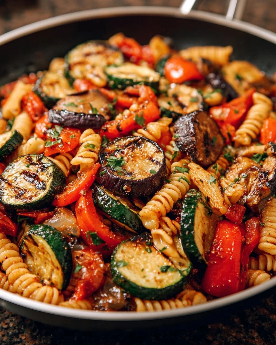 Assiette de pâtes aux légumes grillés, colorées et appétissantes