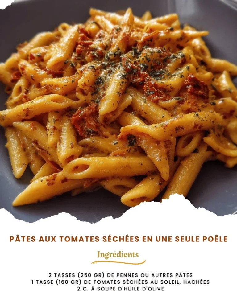 Pâtes aux tomates séchées préparées dans une seule poêle, plat savoureux et rapide.