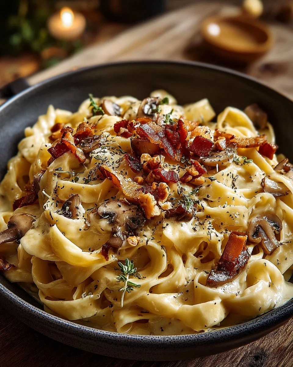 Pâtes crémeuses aux champignons et noix grillées dans une assiette