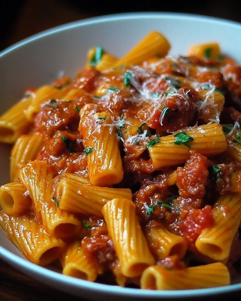 Pâtes sauce tomate épicée avec chorizo servies dans une assiette
