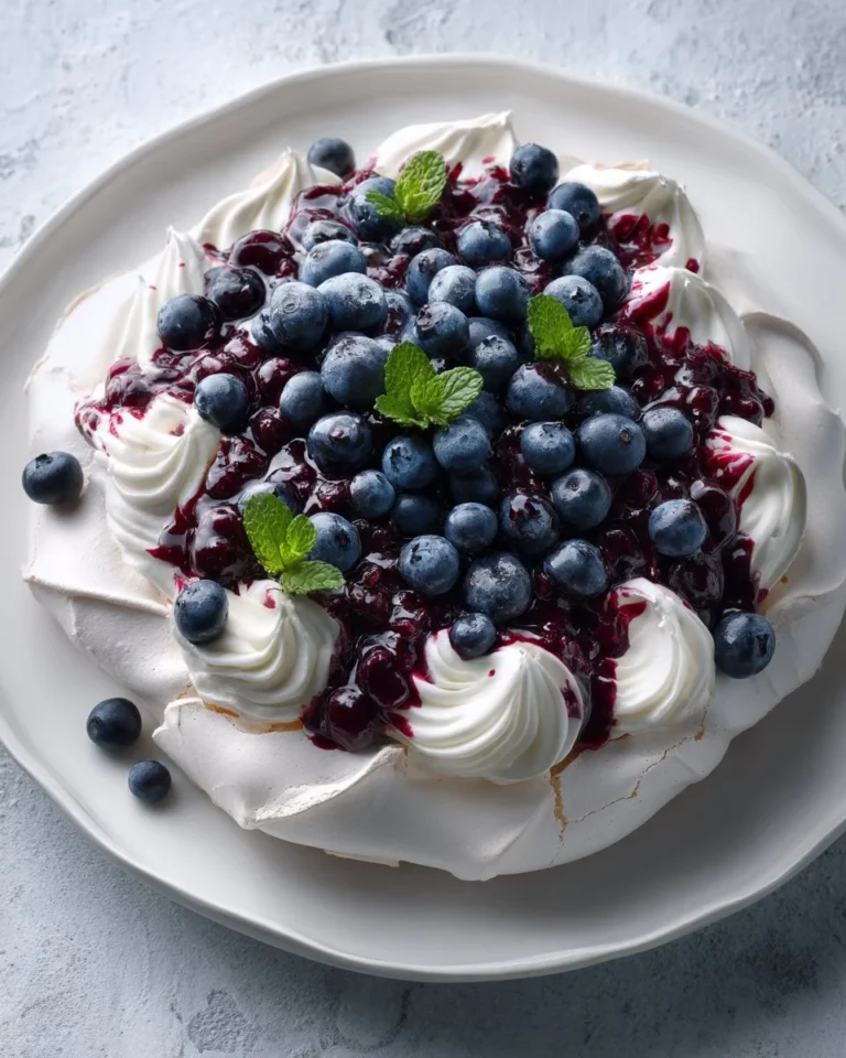 Pavlova avec sirop d'érable et myrtilles sur un plat élégant