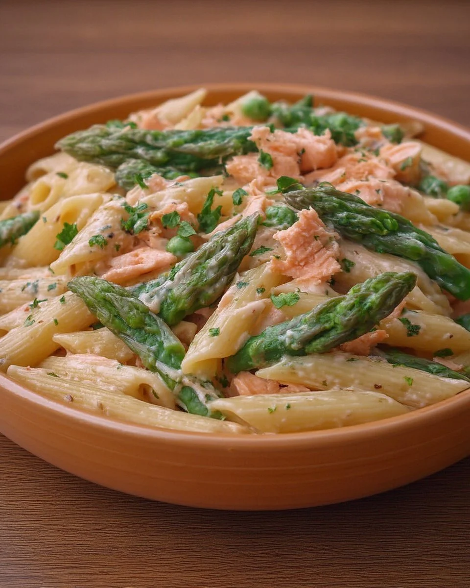 Penne saumon avec asperges et saumon fumé, plat savoureux et coloré